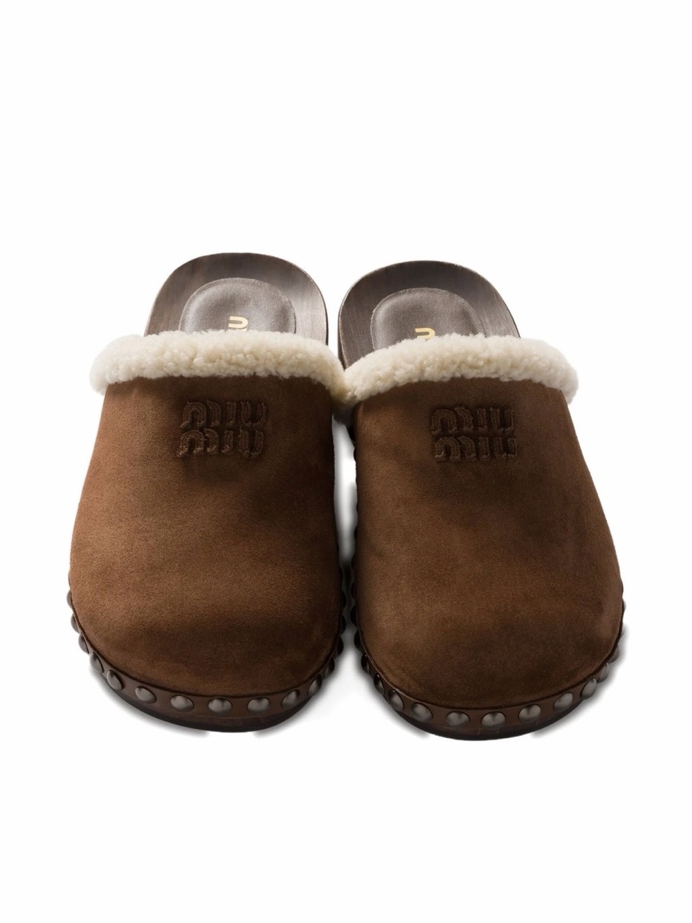 Miu Miu Brown Suede Shearling-Trim Slip-On Clogs